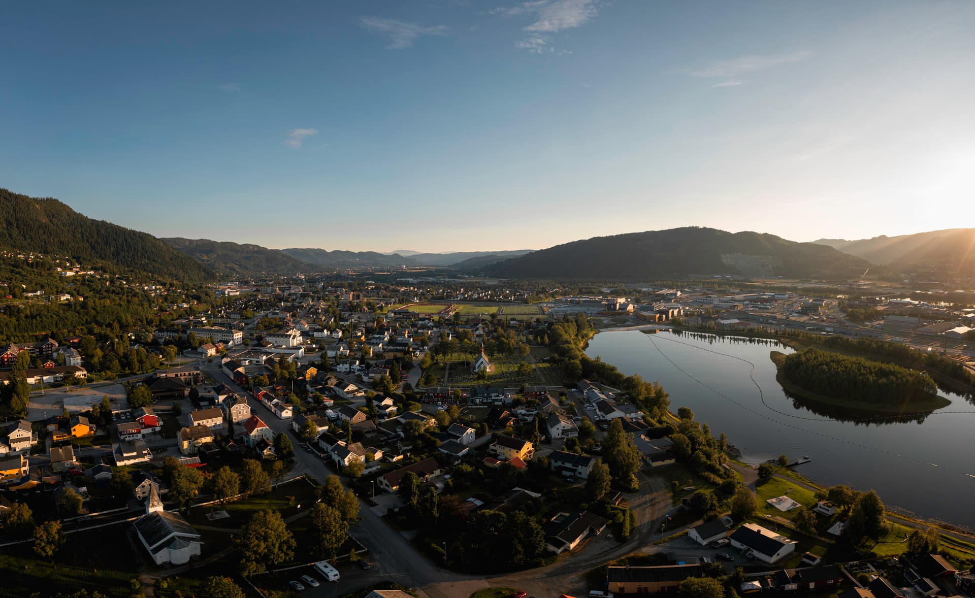 Orkanger, Mid-Norway — aerial view at golden hour
